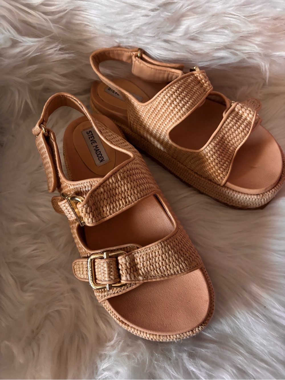 Steve Madden Tan Woven Platform Sandals with Buckle Straps
